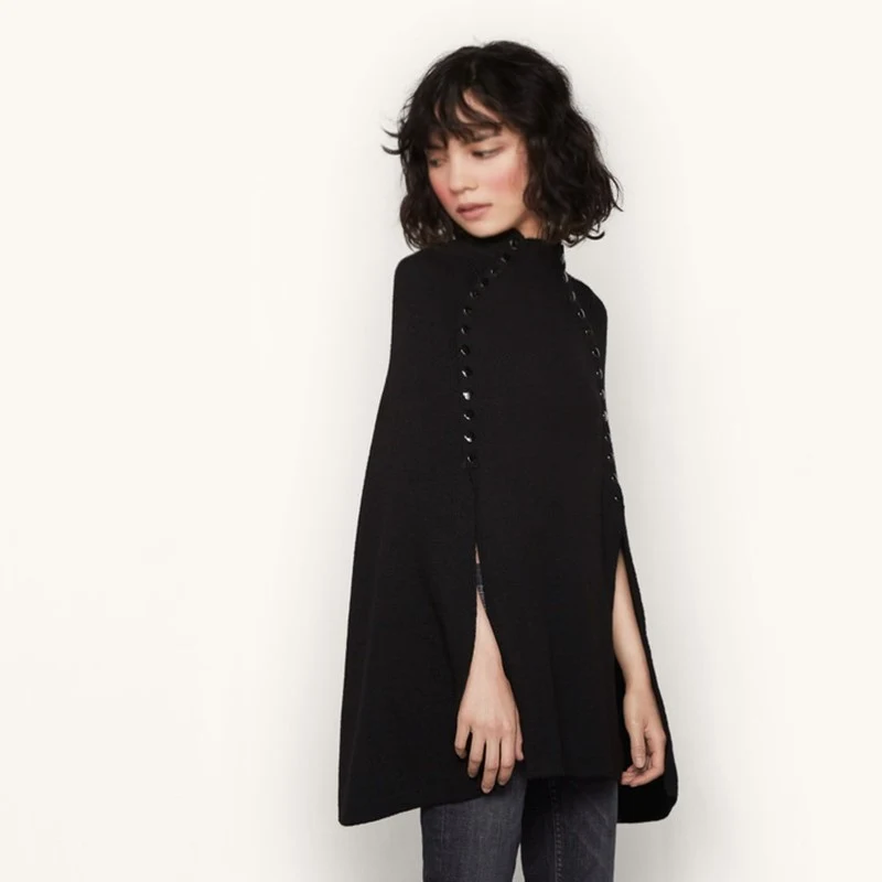 Женский длинный вязаный шерстяной свитер белый или черный свободный пончо и