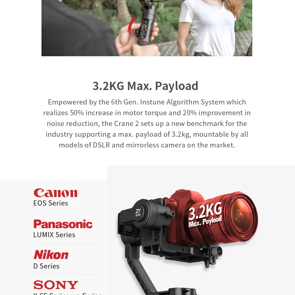 ZHIYUN Crane 2 3-Axis Камера стабилизатор DSLR Камера стабилизатор для Canon устройство непрерывного изменения фокусировки камеры Gimbal для Nikon Vs Zhiyun Smooth 4 Gimbal