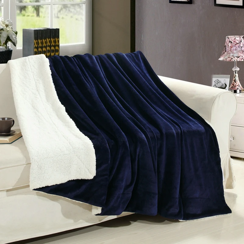 Navy blue AB боковое Коралловое бархатное и кашемировое одеяло из овечьей шерсти, мягкое плотное одеяло для кровати, дивана, теплое флисовое шерстяное одеяло для спальни, 13 цветов - Цвет: Navy blue