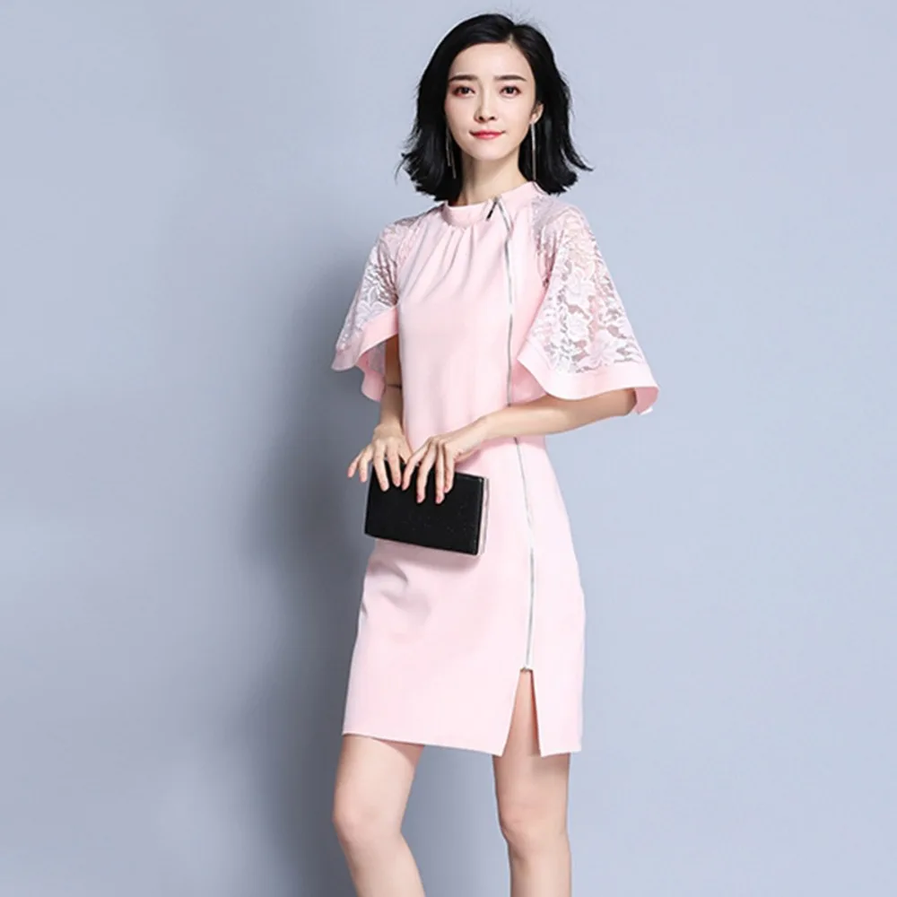2017 новых прибыть весна лето женщин повседневная dress твердый воротник тонкий плюс