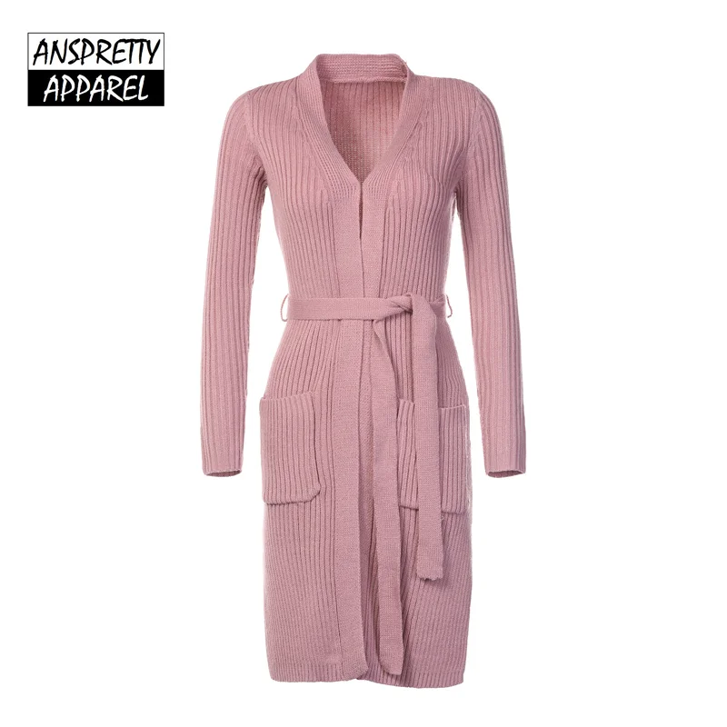 Anspretty Apparel knitted long cardigan women split casual sweater cardigans with pockets sash ladies Spring korean sweaters |