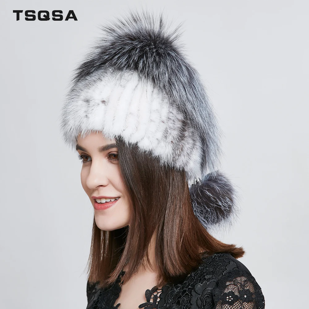 TSQSA Натуральный Мех Норки Cap Зимние Теплые Шапки Женские Шерсть Лисы Real Fox Леди