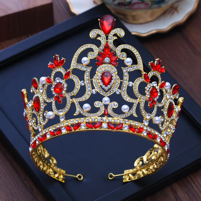 

Luxurious Bridal Tiara Headpiece Pageant Big Crowns Clear Red Crystal Pearl Crown Wedding Party Hair Accessories Height 14cm