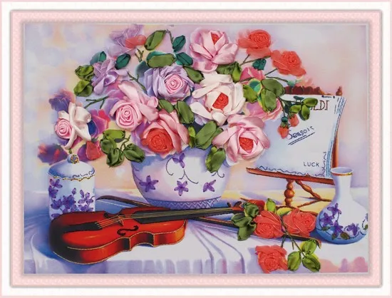 Needlework DIY Ribbon Cross stitch Sets for Embroidery kit table vase violin rose floral flower ribbon Cross-Stitch needlework | Дом и сад