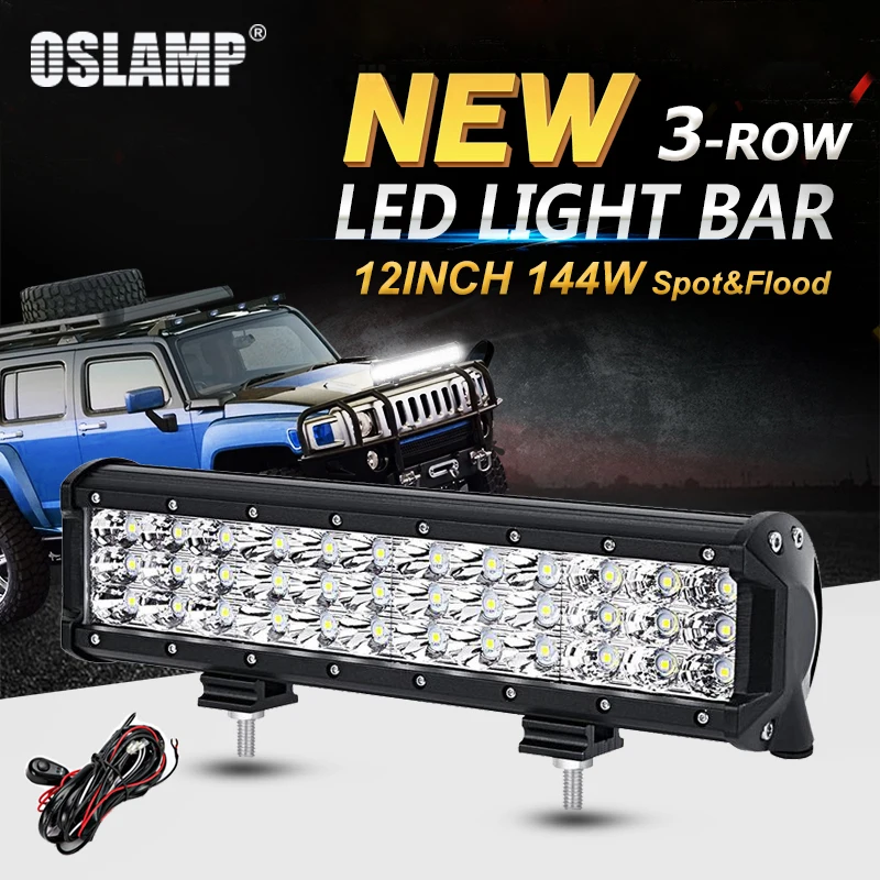 Oslamp 12 дюймов 144 Вт 3 ряда прямой светодиодный свет бар Offroad Combo Луч рабочий для