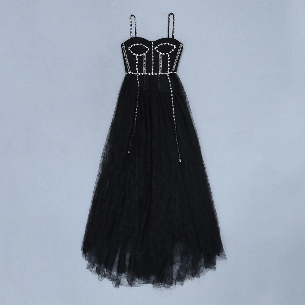 Elegant Party Dress Women Black Long Celebrity Night Club Dresses Summer Beading Sexy Strap Lace | Женская одежда