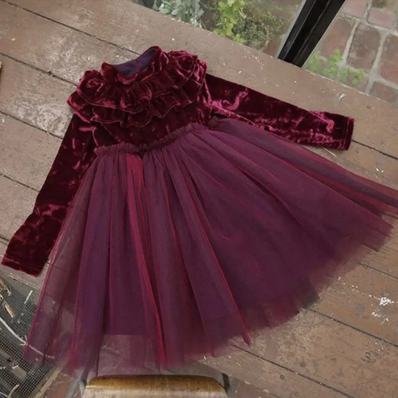 Fancy Princess Kids Baby Girl Dress Velvet Fleece Party Tulle Tutu Dresses Lovely Children Girls Patchwork Lace Sundress | Детская