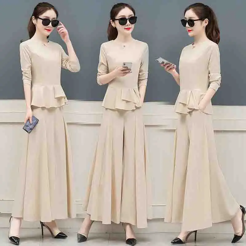 Women Two piece set 2019 Spring Autumn Elegant Lady Work Office Long sleeve Tops + Elastic waist Loose Wide Leg Pants |