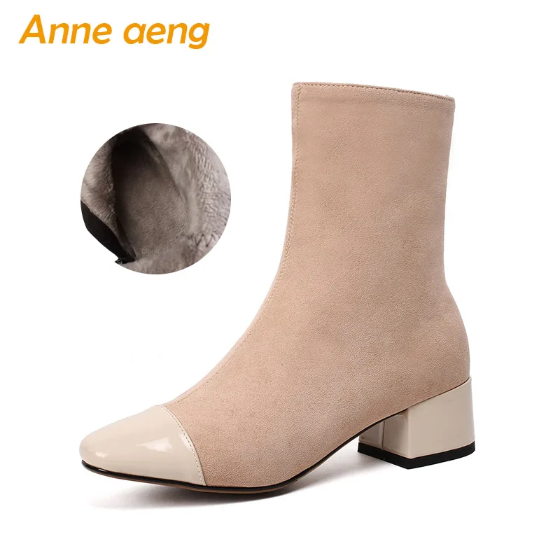 

2018 New Kid Suede Winter Women Ankle Boots 5CM Middle Square Heel Zipper Pointed Toe Sexy Ladies Women Shoes Beige Snow Boots