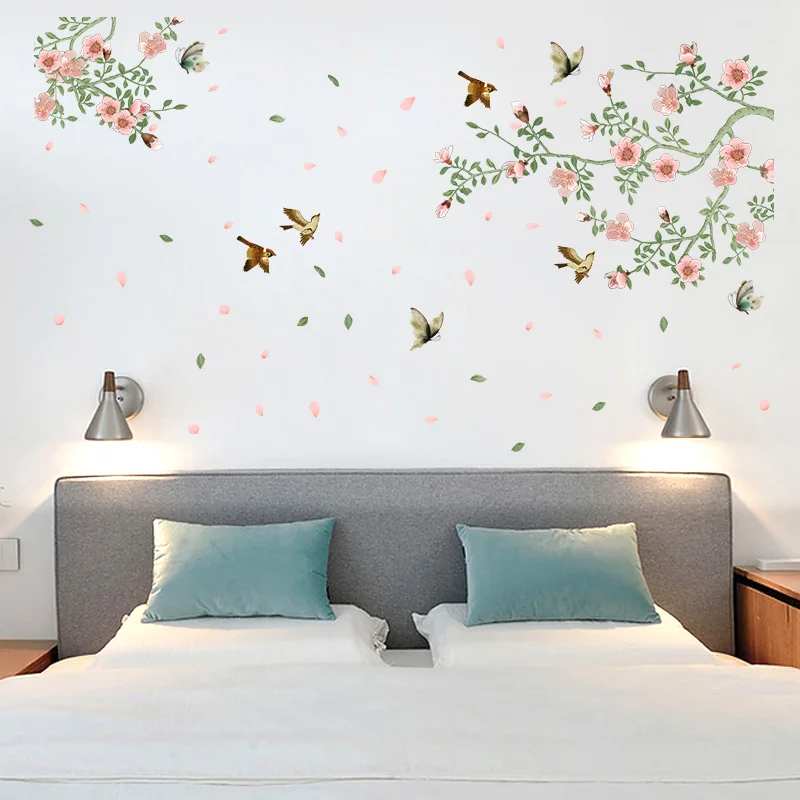 [Fundecoration] наклейки на стену с падающими цветами и птицами домашний декор для