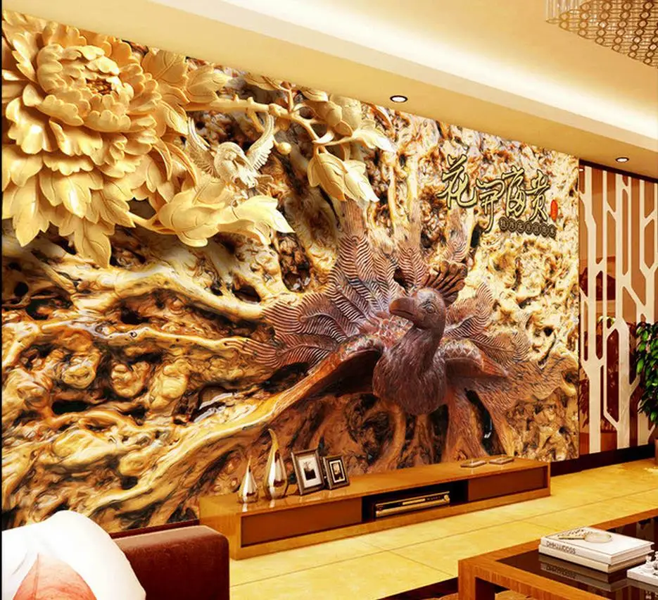 3d настенные фрески обои деревянные резьбы павлин гравировка фона фото обои|photo