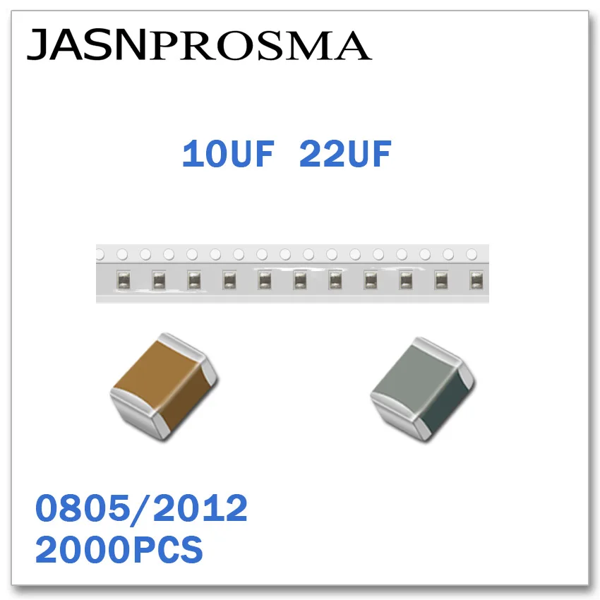 

JASNPROSMA 2000 шт. 0805 2012 X5R RoHS 6,3 V 10V 16V 25V 50V 10% 20% 10 мкФ 22 мкФ SMD, высокое качество новый товар конденсатор 106 226 K M