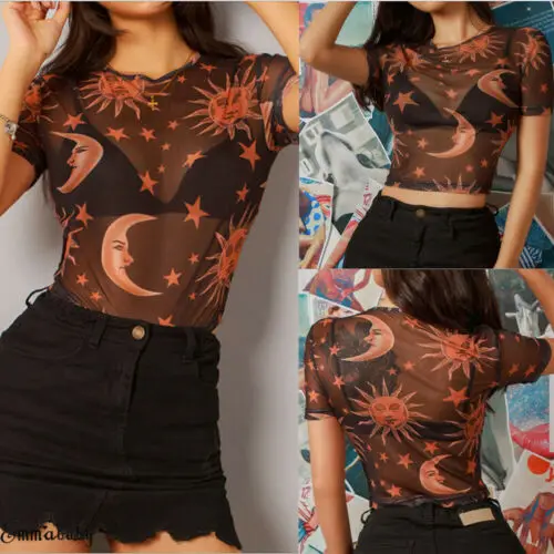 Женские сексуальные 2019 модные футболки с коротким рукавом и принтом Луны