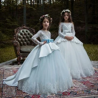 ball gown flower girl dress lace appliques baby girls party dresses long sleeves puffy back bow first communion dress