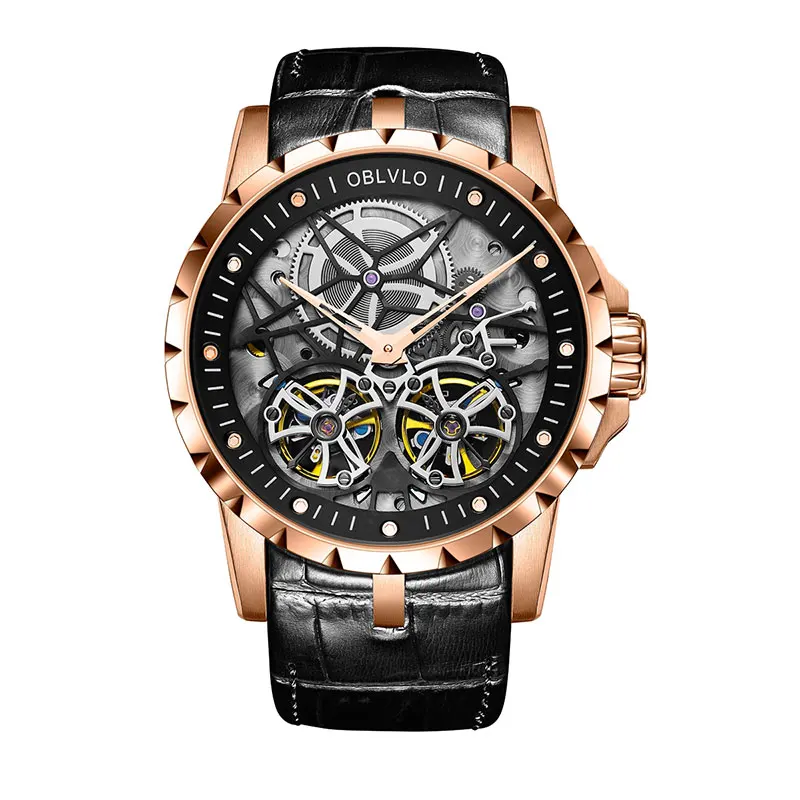 OBLVLO все черные армейские военные прозрачные часы для мужчин Tourbillon деловые часы кожаные Relogio Masculino часы OBL3606 - Цвет: OBL3606RSBW