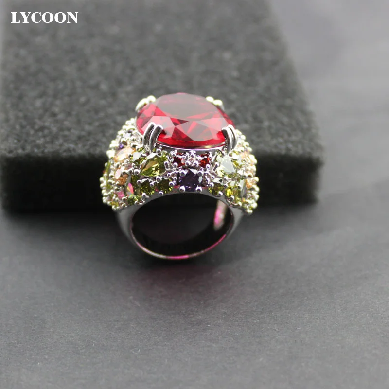 LYCOON новые кольца с большими красными кристаллами элегантное Королевское кольцо посеребренное роскошное красочное кольцо с кубическим цирконием для женщин