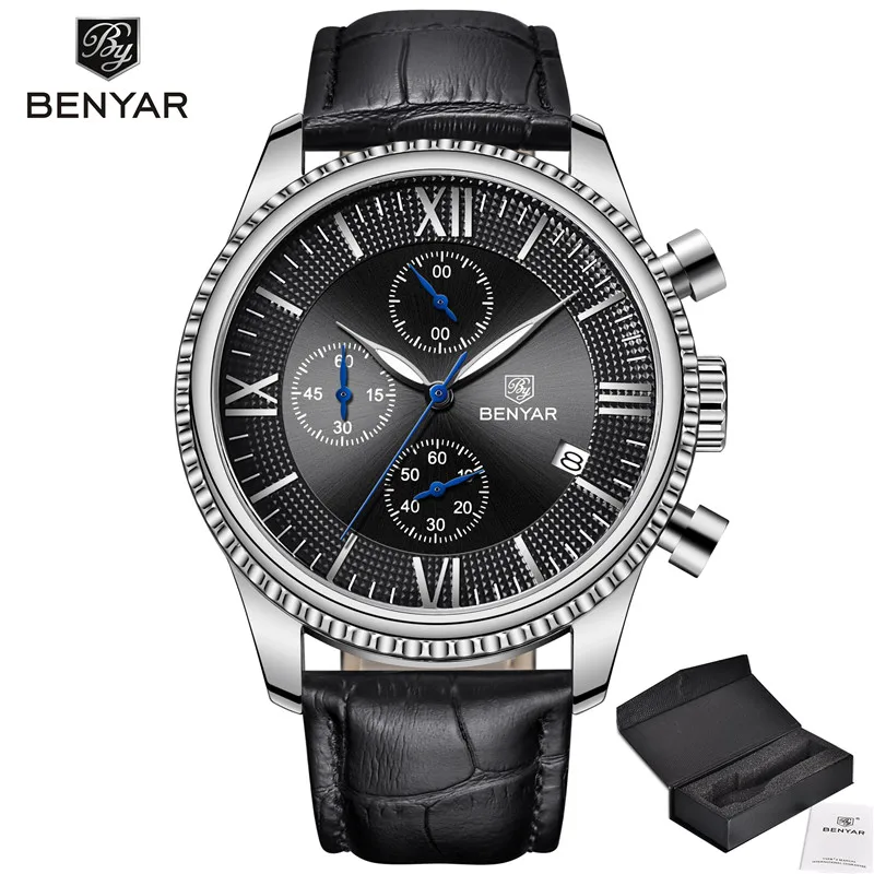 5129-Silver black BENYAR мужские часы/хронограф/Кварцевые часы мужские наручные часы кожа мужские часы Бизнес Мужские часы Relogio Masculino Новинка - Цвет: 5129-Silver black