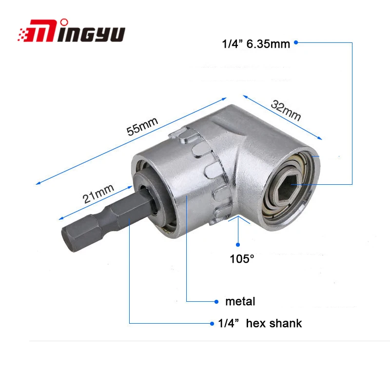 

1/4" 105 Degree Hex Shank Driver Socket Adapter Right Angle Head Screwdriver For Power Tool Drill Bits Degree Adjustable Bit