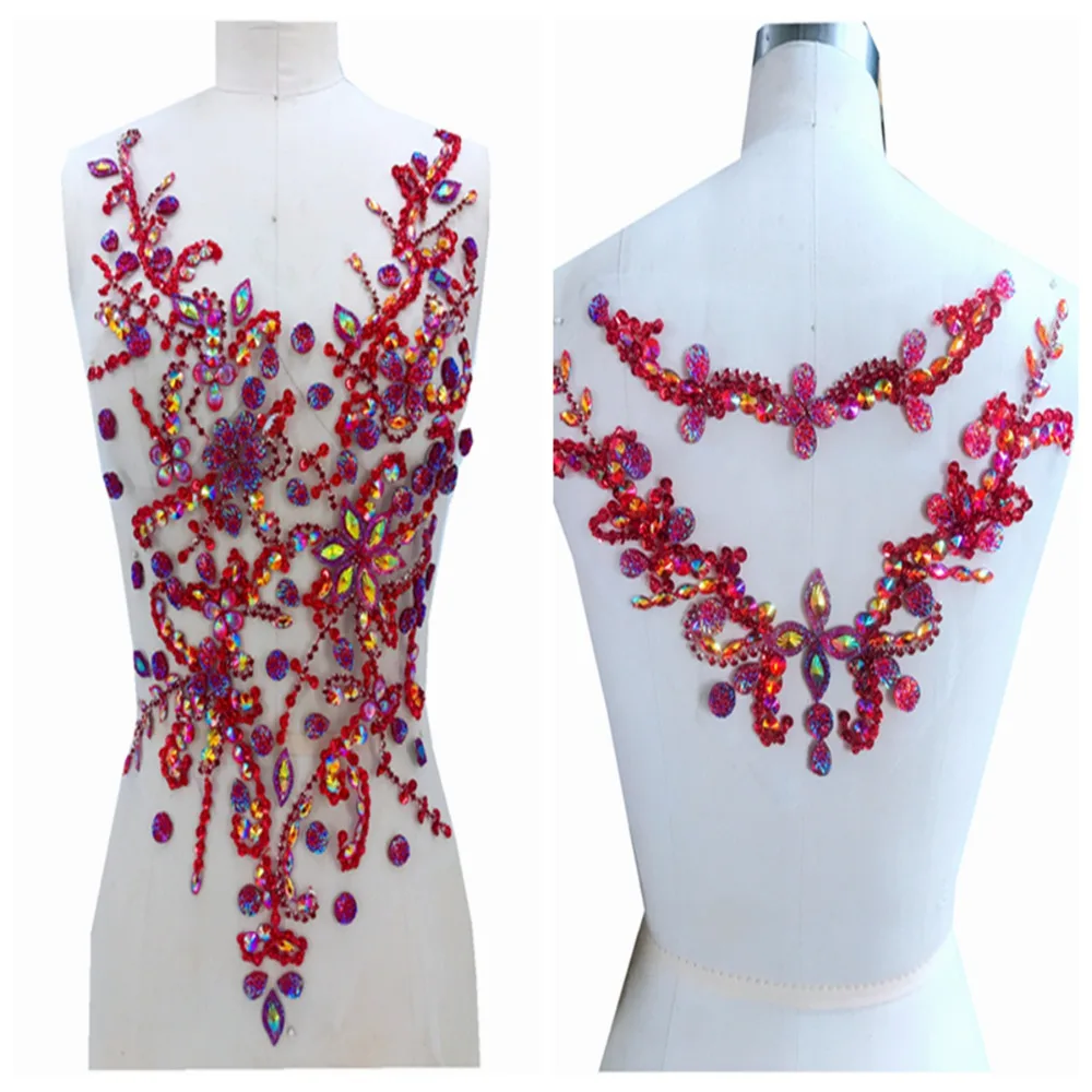 Ручная работа красная пришивная аппликация стразы на сетчатых прозрачных