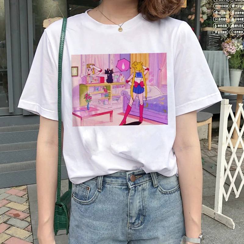 Kawaii Сейлор Мун футболка Женская Harajuku Ullzang мультяшная футболка 90s Милая футболка с принтом гранж корейский стиль футболки женские