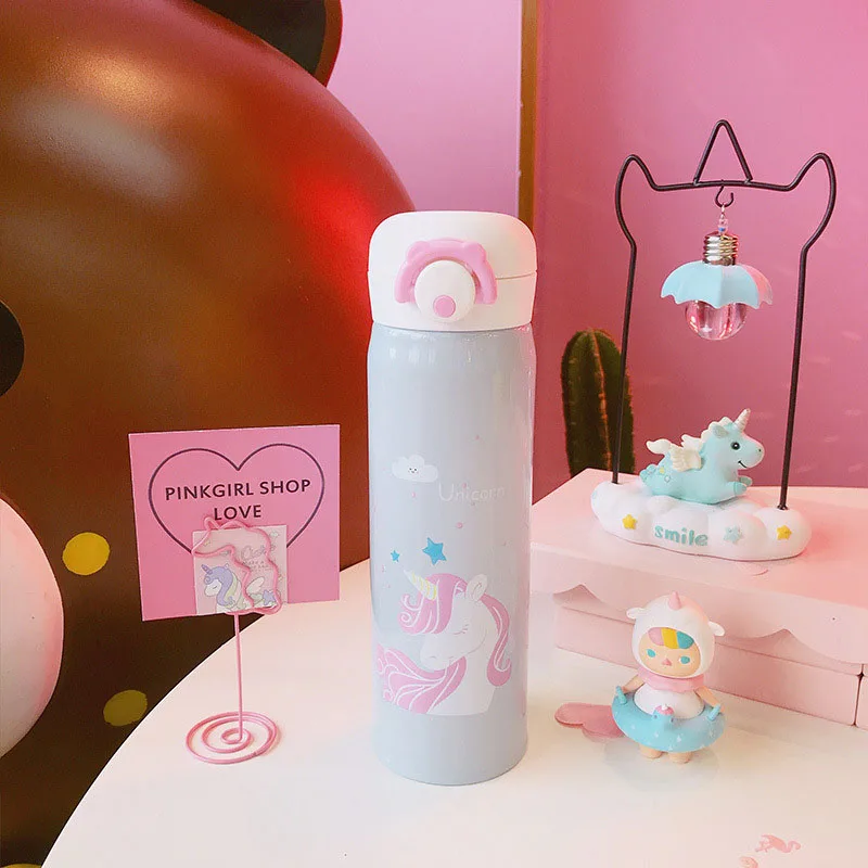 Gray unicorn 500ml Boxi портативный мультфильм термо кружка из нержавеющей стали дети бутылки воды милый Единорог большой емкости путешествия на открытом воздухе чашка для питьевой воды - Цвет: Gray unicorn 500ml