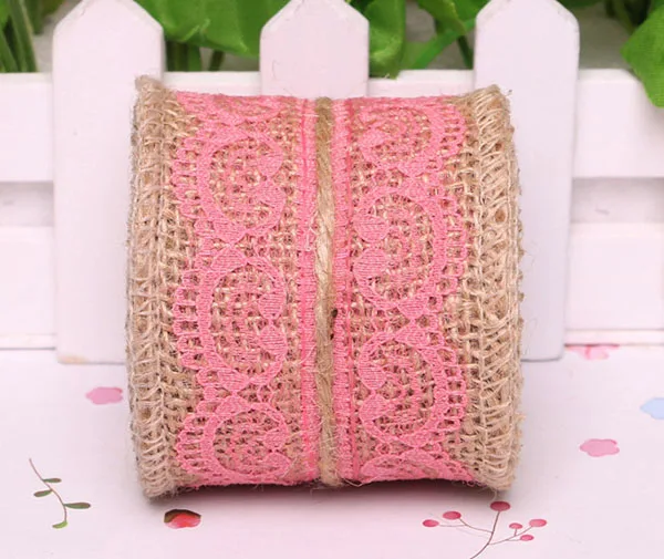 Hotpink Heart 2 ярдов джутовая Мешковина натуральная гессианская лента с кружевной отделкой край свадебный букет деревенские вечерние украшения - Цвет: Hotpink Heart