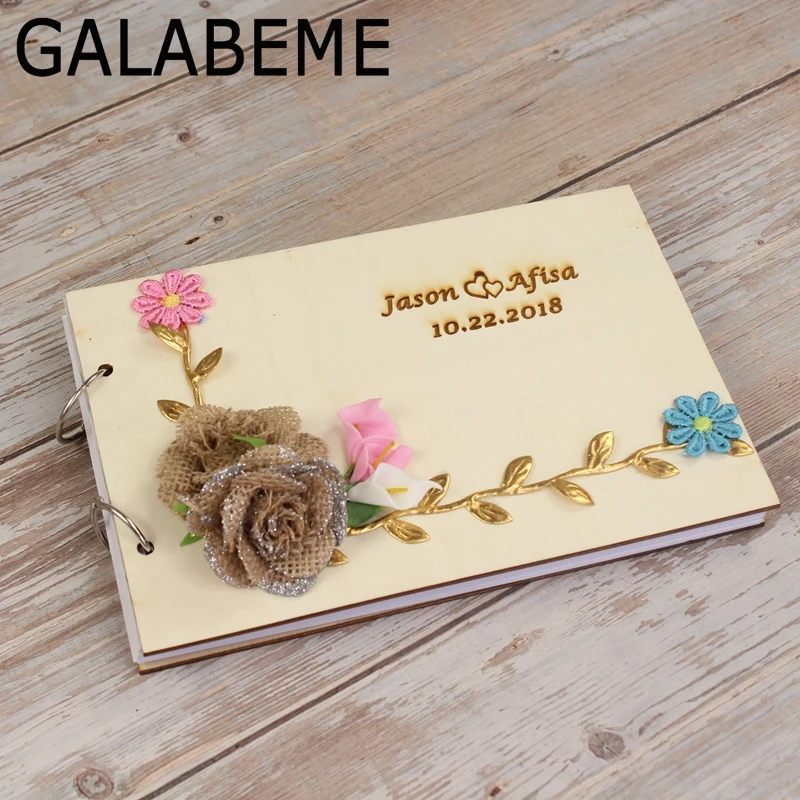 

21.5X15cm персонализированные имя Дата Свадьба Гостевая книга подпись с цветком гравированный логотип на заказ Гостевая книга украшения для св...