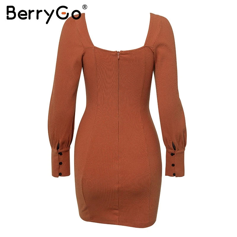 BerryGo Винтаж Кнопка bodycon Женщины платье с длинным рукавом Сексуальная молния