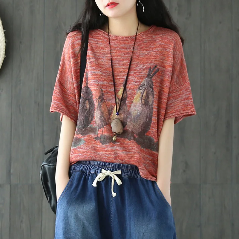 Женщины Лето O-образным Вырезом Ретро Футболки Отпечатано Винтаж Характер