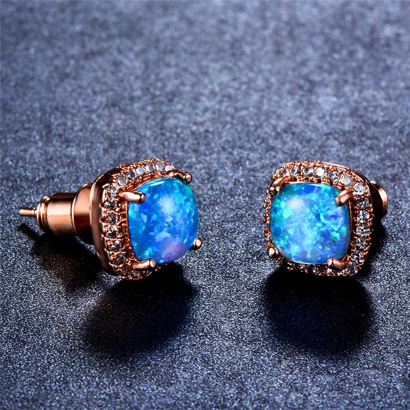 Женские серьги гвоздики Boho с голубым огненным опалом модные из розового золота