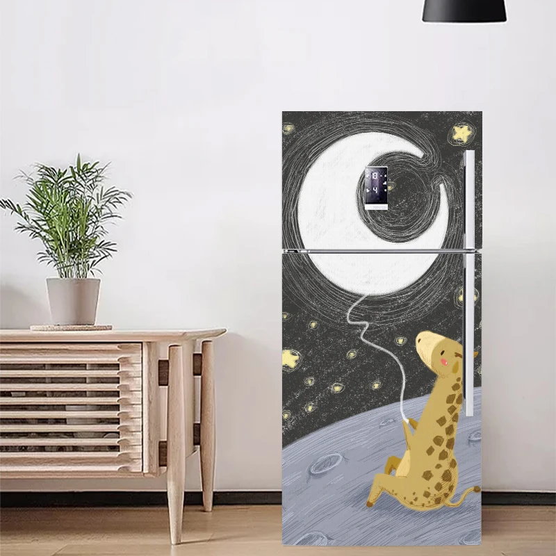 

60x150cm/60x180cm Moon Giraffe Animal Pattern Fridge Sticker PVC Refrigerator Door Kitchen Self-adhesive Wall Stickers Decor