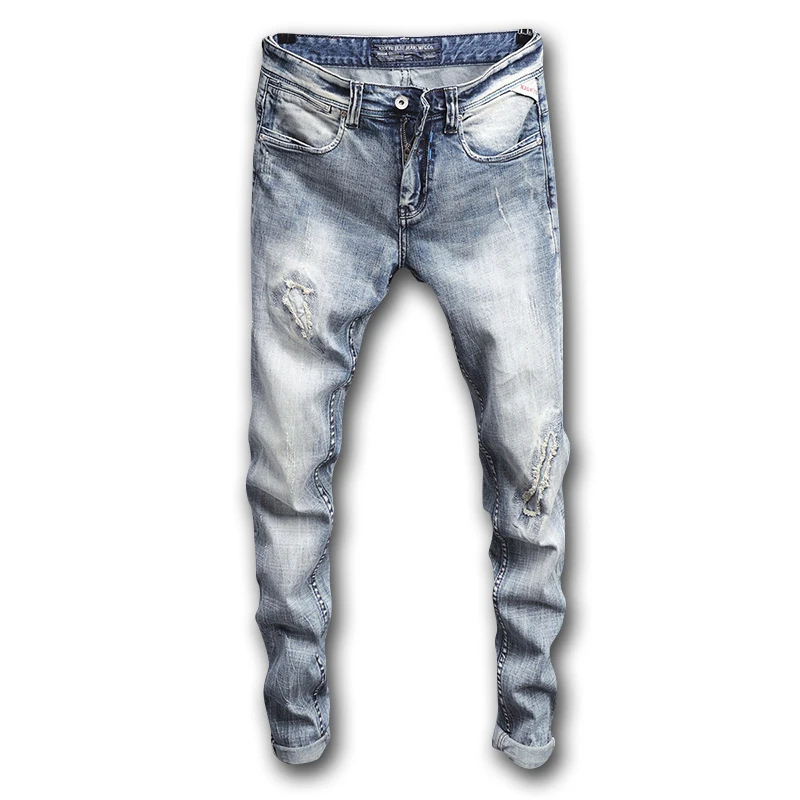 Джинсы мужские рваные в стиле хип хоп модные эластичные штаны Slim Fit цвет голубой
