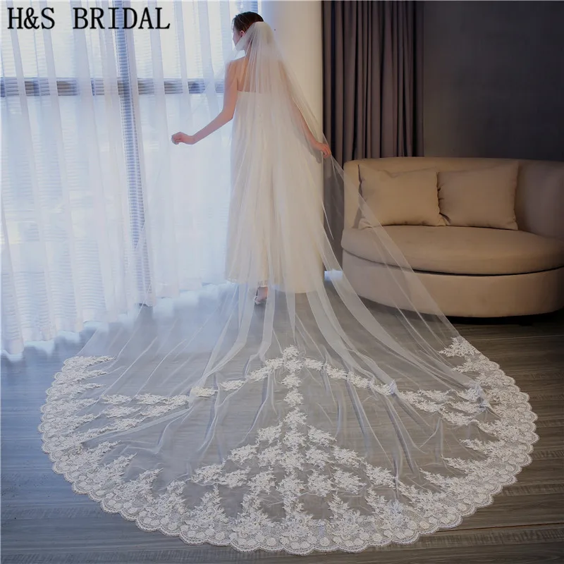 

H&S Bridal Real 2018 Voile 3.5M veil One Layer Lace Edge Ivory Cathedral Wedding Veil Long Bridal Veil Veu de Noi longo