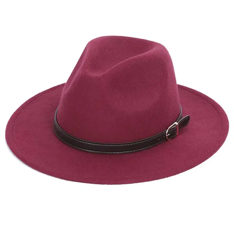 Шерсть мелкой fedora регулируемый теплый модные мужские шапки унисекс пояс золотой пряжкой мужские большие размеры 60 см Шапки шляпа классический котелок джаз - Цвет: Wine