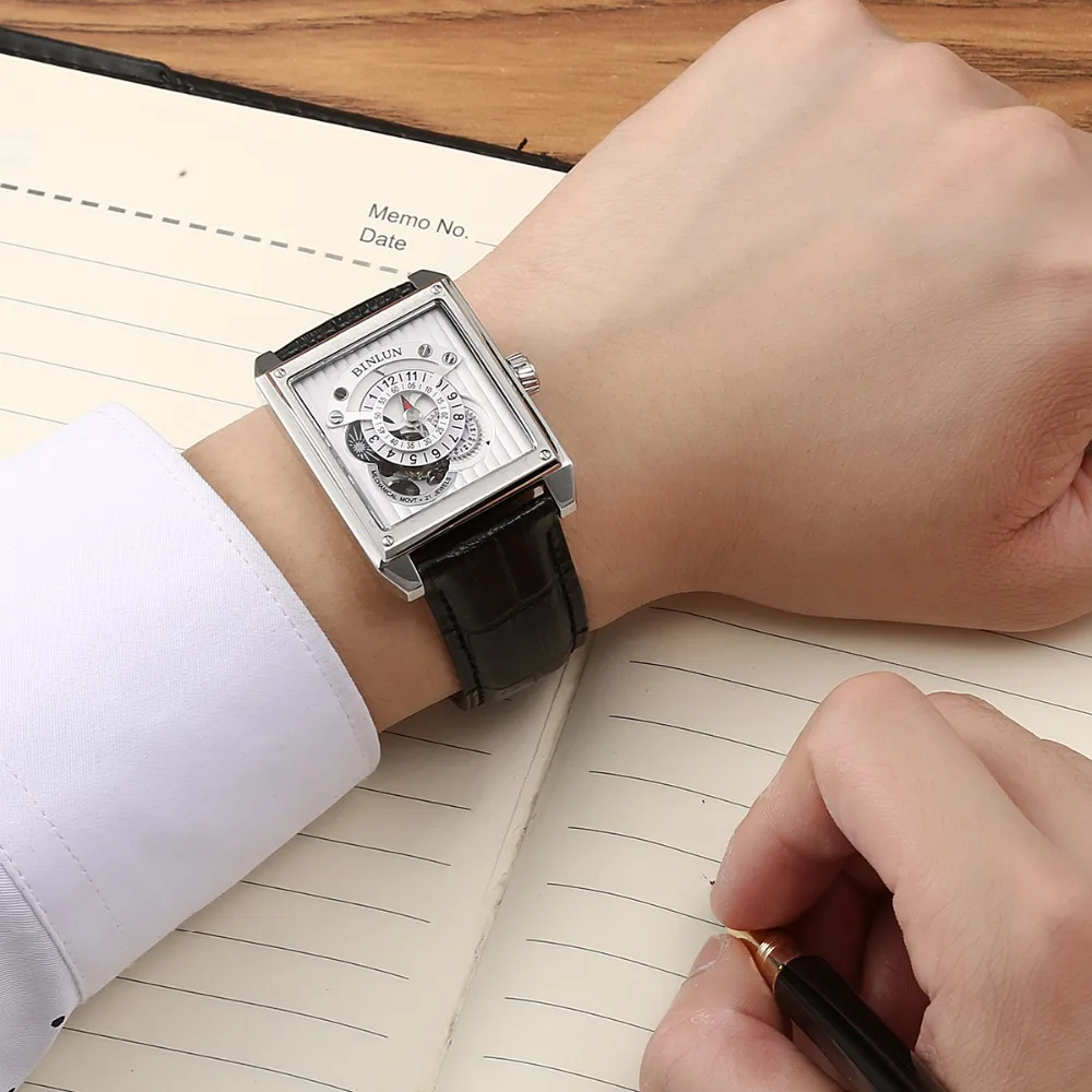 BINLUN классические мужские прямоугольные механические часы Роскошные из