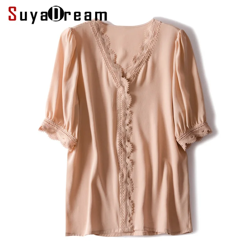 Блузка SuyaDream женская из 100% натурального шелка Офисная кружевная рубашка с V образным вырезом офисная блузка