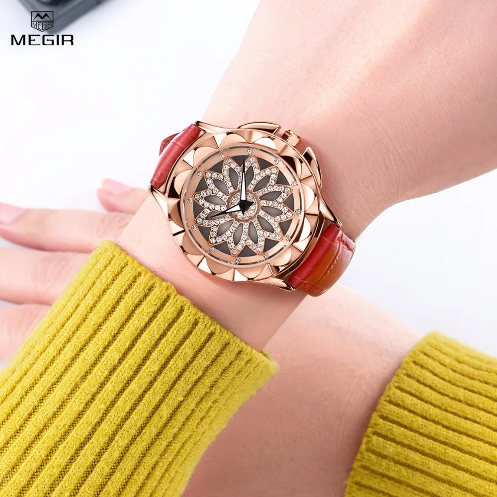 Женские кварцевые часы Megir с красным кожаным ремешком и светящимися ручками