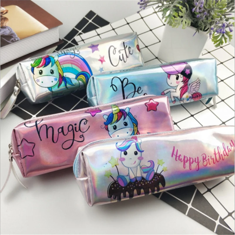 

Hot Sale Holographic Laser Pencil Case Unicorn Pencil Bag For Girl Boy Student Big Capacity PU Pen Box School Supply Stationery