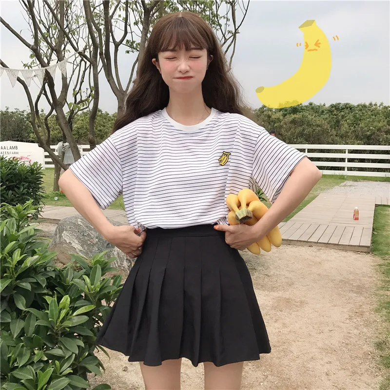 Ulzzang элегантный дизайн лучшие друзья футболка для женщин в полоску топы лето KPOP Корея фрукты вышивка женская футболка Милая одежда