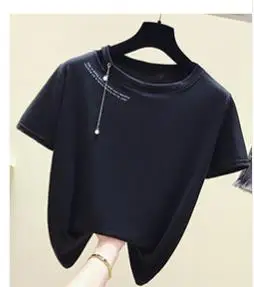 Черный Camisetas Mujer Verano, Забавные футболки с жемчужинами, женские хлопковые футболки с коротким рукавом, женские топы, белая футболка, женская футболка - Цвет: Черный