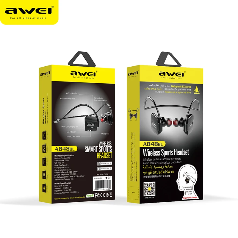 AWEI A848BL беспроводные Bluetooth наушники с микрофоном 3D стерео водонепроницаемая Спортивная гарнитура наушники для телефонов
