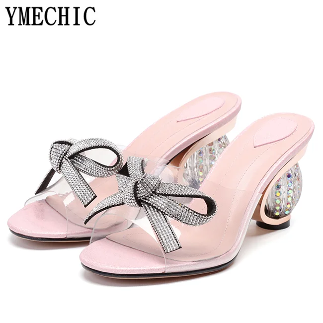 Женские вечерние шлепанцы YMECHIC розовые прозрачные на высоком каблуке с открытым