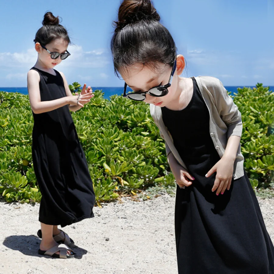 Baby Girl Ankle Length Dress Solid Casual Cotton Sleeveless Dresses for Teens Girls Children Tank Gown 8 10 12 14 16 | Детская одежда и