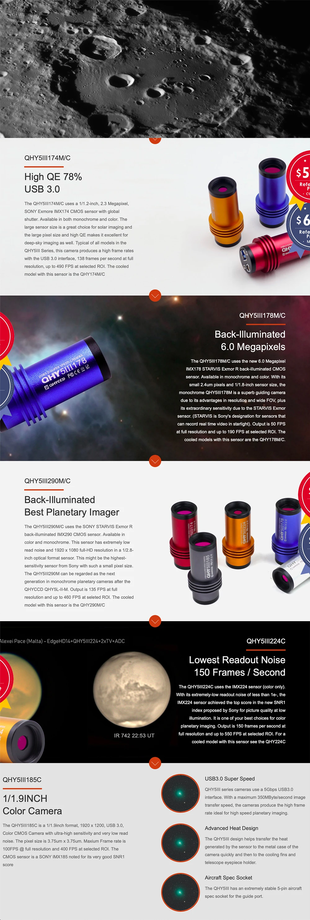 QHYCCD QHY5-III серии планетарная направляющая камера USB3.0 QHY5III174M/C QHY5III178M/C QHY5III185C QHY5III224C QHY5III290M/C