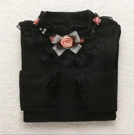 Black Thin Осенняя детская футболка для девочек с длинными рукавами из хлопка; сезон зима; коллекция года; теплые топы с цветочным принтом; детская одежда с добавлением шерсти; футболки; блузки для подростков - Цвет: Black Thin