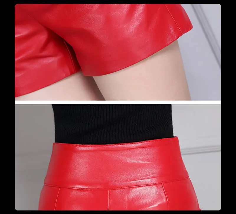 Черные, красные шорты из натуральной кожи женские короткие топы из овечьей кожи, тонкие шорты с завышенной талией, шорты с декоративной пуговицей, бермуды, feminina LT1286