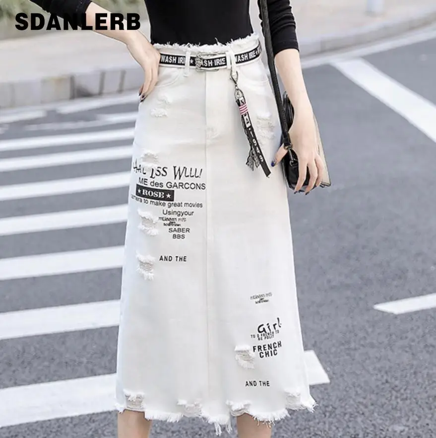 Размера плюс 5XL! Женская джинсовая юбка белая с буквенным принтом | одежда