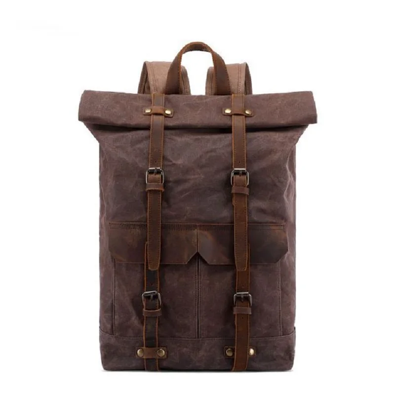 

Oil Waxed Travel Students Rucksacks Anti-theft Waterproof Laptop Daypacks Cotton 14" Laptop Canvas Leather Backpacks