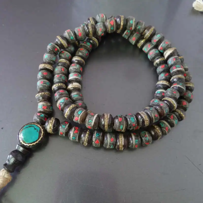 Black 108beads BRO619 тибетская 108 яка кость Молитва Мала инкрустация кости Металл шелк красочный камень много цветов - Цвет: Black 108beads