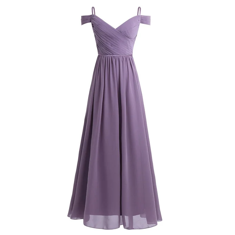 Dusty Purple Женское шифоновое Плиссированное длинное платье подружки невесты с глубоким v-образным вырезом и открытыми плечами для свадебной вечеринки, великолепное длинное платье для выпускного вечера - Цвет: Dusty Purple